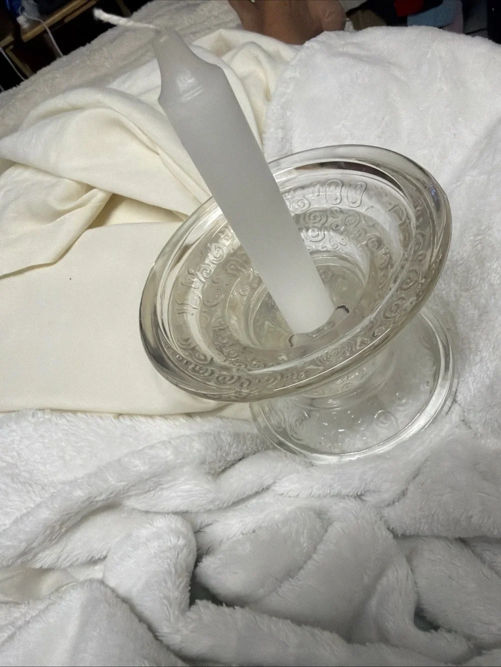 Clear Glass Pillar Candle Holder with White Taper Candle Vtg swirl